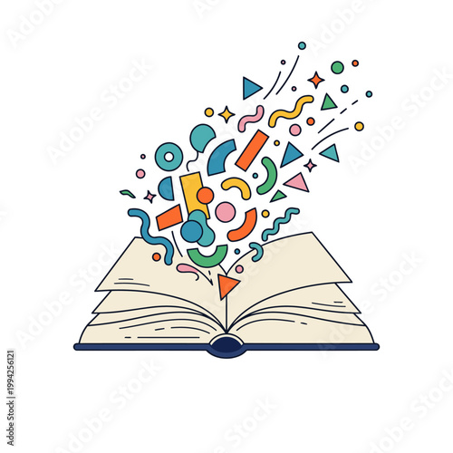 Open Book with Creative Geometric Particles Bursting Out