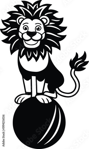 Proud cartoon lion balancing gracefully on top of a circus performance ball with confidence