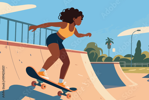 Illustration Of A Curly-Haired Woman Skateboarding Down A Ramp Vector Design Template