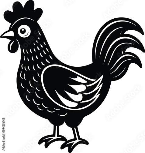 Proud farm rooster with a vibrant comb and tail feathers stands majestically