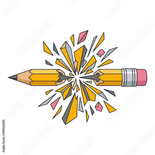 Shattering Yellow Pencil Exploding into Geometric Fragments