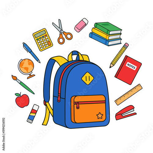 Blue School Backpack Surrounded by Floating Education Supplies