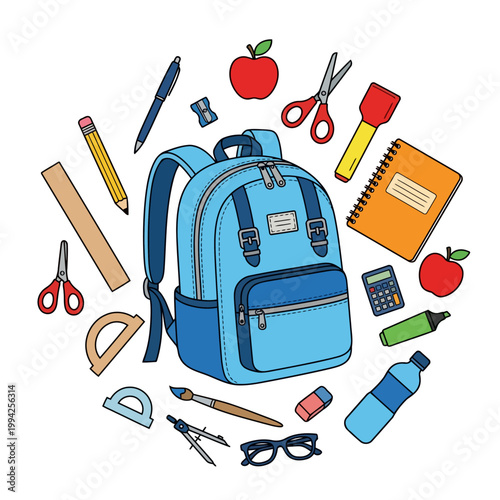Light Blue Student Backpack with Circular School Essentials