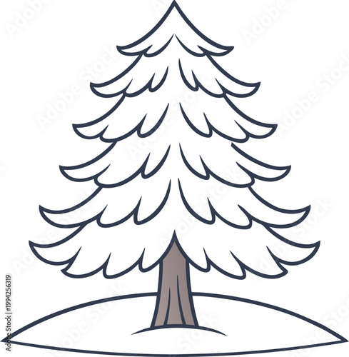 Simple outline drawing of a charming snow covered winter pine tree