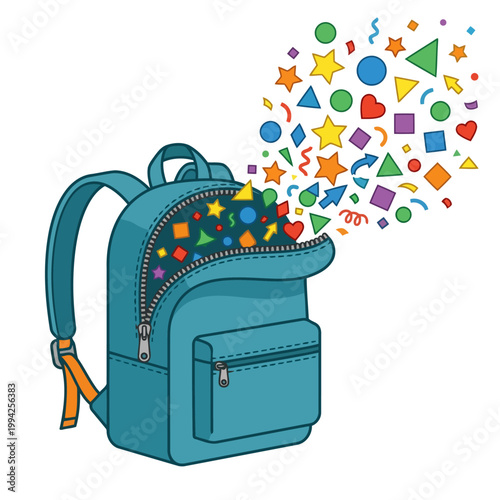 Teal Backpack with Burst of Colorful Confetti and Shapes