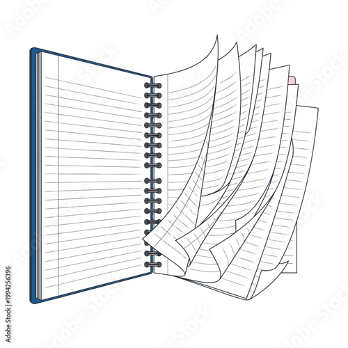 Open Spiral Notebook with Flying and Turning Pages