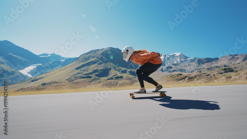 Bilde på lerret woman skateboarding and making tricks between the curves on a mountain pass