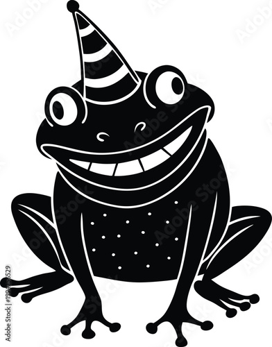 Smiling cartoon frog wearing a festive party hat ready for celebration and fun