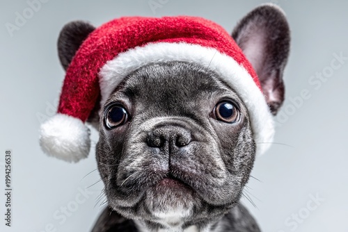 Adorable holiday dog portrait with a festively beady Santa hat against white backdrop