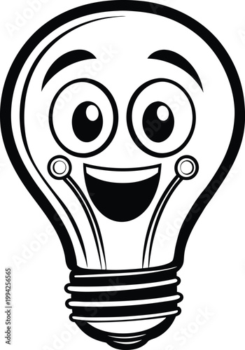 Smiling cartoon lightbulb character with a happy face symbolizes bright ideas and creative thinking