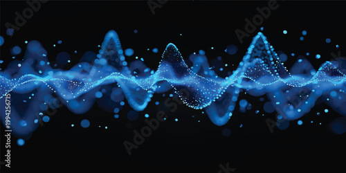 Glowing abstract blue vector background with bright light lines and magic sparkling stars on a dark motion wave backdrop