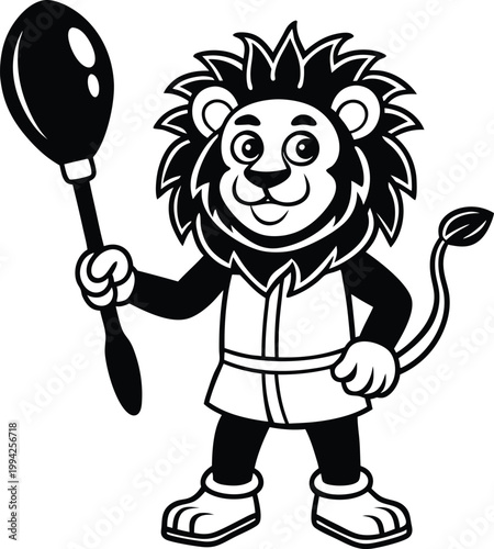 Smiling Lion Character Mascot Holding a Large Serving Spoon with Simple Clothing