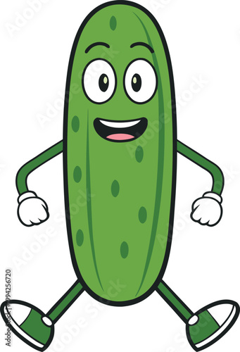 Smiling green cucumber vegetable character cartoon joyfully walking wearing white gloves and shoes