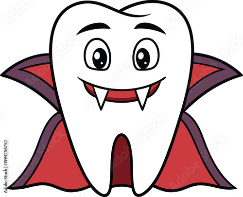 Smiling Vampire Tooth Character with Sharp Fangs and a Dramatic Red Cape