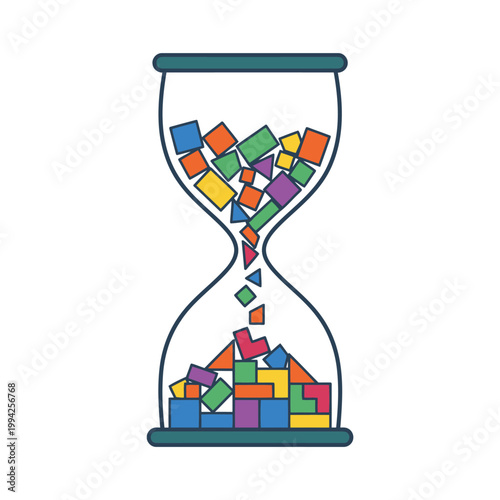 Hourglass Filled with Colorful Geometric Blocks Management Concept