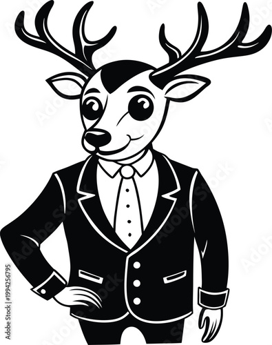 Sophisticated cartoon deer character wearing a professional suit jacket and tie looking confident