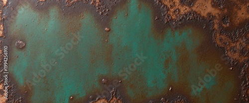 Oxidized copper surface with green patina and rich rust textures