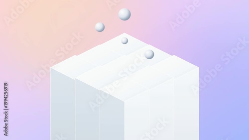 A minimalist illustration of a white cube floats with bubbles on a pastel background