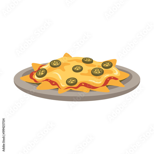 Mexican nachos with melted cheese and jalapeno slices on a plate