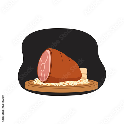 Cooked Roasted Ham Leg on Wooden Board Vector Illustration