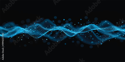 A glowing blue fractal neon wave pattern creates a bright motion design with energy curves on a black textured art backdrop