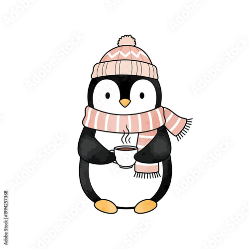 Cute Penguin Wearing Pink Winter Hat and Scarf Holding Hot Cocoa