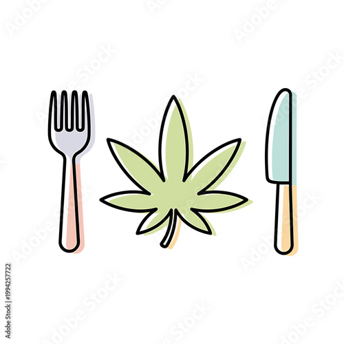 Cannabis leaf with fork and knife vector illustration for edibles