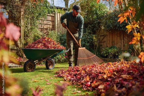 Autumn garden cleanup: man raking colorful leaves in a sunlit yard