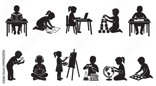 A collection of black and white silhouettes depicting children engaged in various educational and recreational activities, including reading, drawing, computing, building, painting.