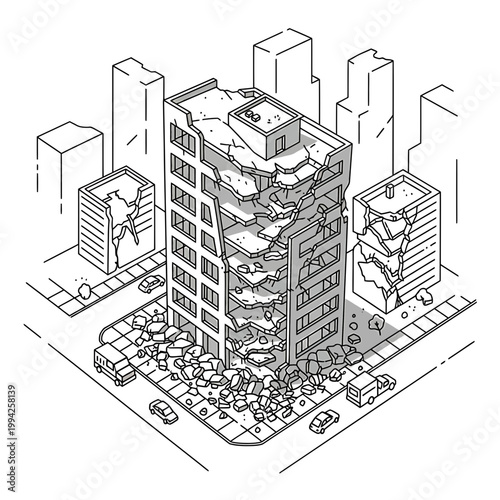 Isometric Vector Illustration of Destroyed Building in City Ruins