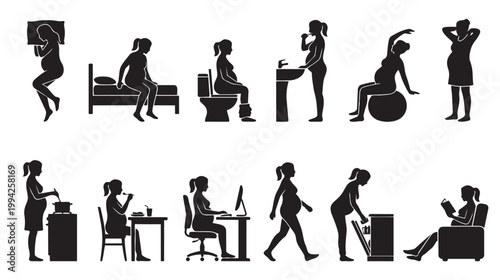 Collection of black silhouette icons illustrating a pregnant woman's daily activities including resting, personal hygiene, exercise, cooking, working, and relaxation.