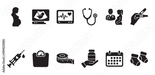 A collection of black silhouette icons representing pregnancy and healthcare, including an ultrasound, doctor, pregnancy test, and baby items.