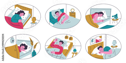 Sleeping people scenes set, flat cartoon male and female characters resting in beds. Cozy bedroom interiors and sleeping poses, night rest and relaxation vector illustration