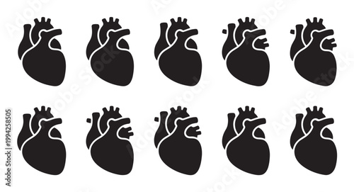 A repeating pattern of black anatomical heart icons against a clean white background, symbolizing health, love, and medicine.