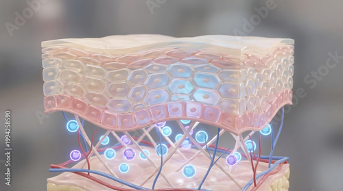 Human skin layer structure with blood vessels and nerve endings Generative AI.