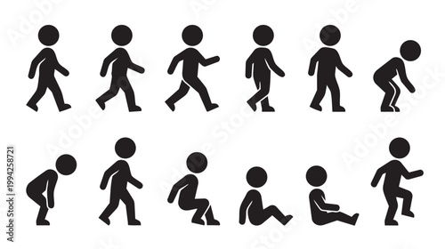A collection of black silhouette icons depicting various human movements and poses on a white background, useful for illustrating actions.