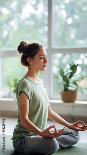 Woman in olive green t-shirt doing yoga on matching yoga mat at home, vertical