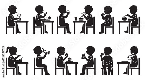 A black and white silhouette illustration of children sitting at tables, eating various foods and drinking different beverages, depicting diverse mealtime activities.
