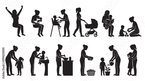 A collection of diverse silhouette icons depicting mothers engaged in various childcare activities, highlighting nurturing and daily life moments.