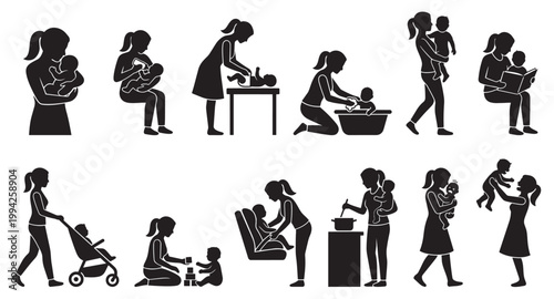 A set of black and white silhouette icons depicting a mother performing various nurturing activities with her baby, showcasing daily routines.