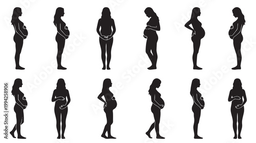 Collection of black silhouettes of pregnant women in different poses and profiles, showcasing their baby bumps against a clean white background.