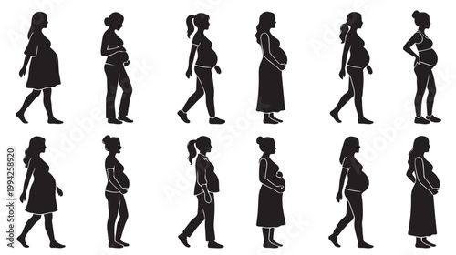 Collection of black silhouettes of pregnant women in various poses and clothing styles, representing different stages of pregnancy, to illustrate maternity and family.