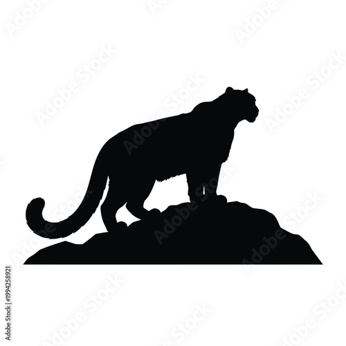A black silhouette of a panther standing on a rocky outcrop against a white background.