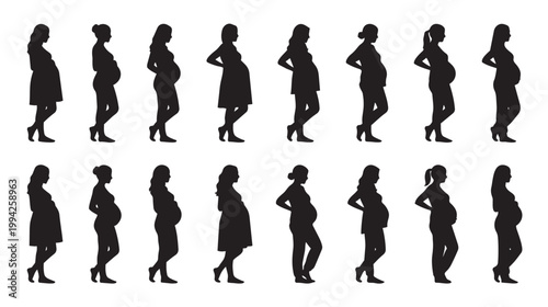 A black and white graphic displays silhouettes of pregnant women in profile, showcasing various stages of pregnancy and different poses against a white background.