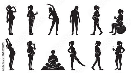 This illustration features a collection of black silhouettes of pregnant women engaged in diverse activities like stretching, drinking, and exercising on a white background.