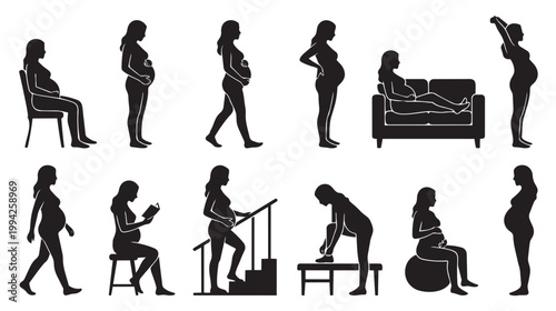 Collection of black silhouettes of pregnant women in various poses and activities, depicting stages of pregnancy, lifestyle, and well-being.