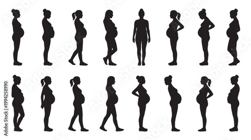 A collection of black silhouettes of pregnant women in various poses and hairstyles against a white background, representing pregnancy and motherhood.