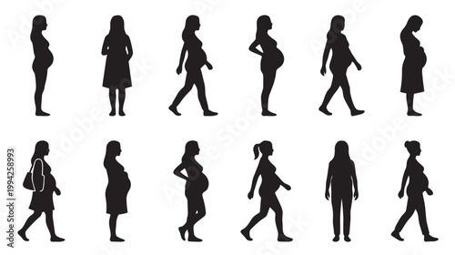 Collection of diverse black silhouettes of pregnant women in various poses and stages, suggesting growth and change over time.