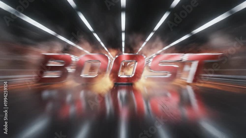 Powerful boost word speeding through a light tunnel with sparks