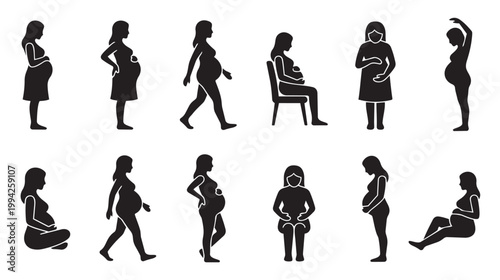 A collection of black silhouettes depicting pregnant women in diverse poses, showcasing different stages of pregnancy and activities.